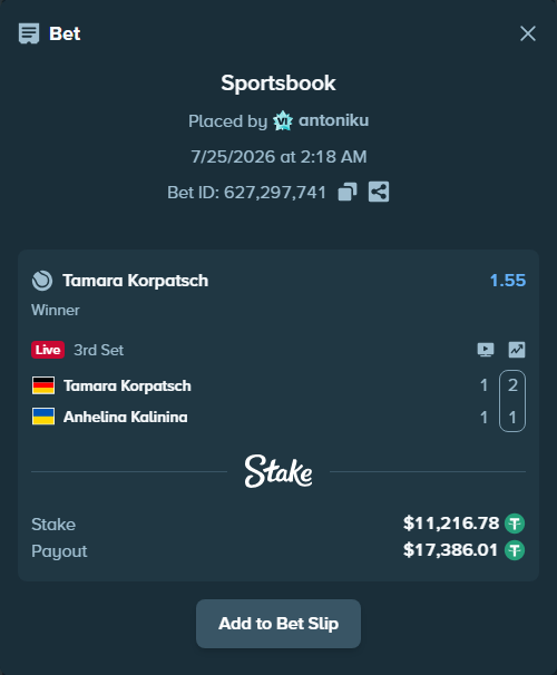 Bet slip: Tamara Korpatsch - Anhelina Kalinina, $11,228.00 stake at 1.55 odds, placed by antoniku