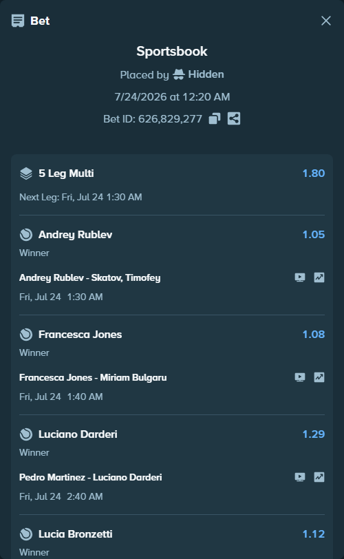 Bet slip: Tamara Korpatsch - Anhelina Kalinina, $72,248.46 stake at 1.10 odds, placed by Hidden