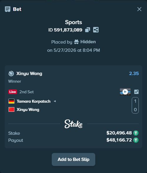 Bet slip: Tamara Korpatsch - Xinyu Wang, $20,516.97 stake at 2.35 odds, placed by Hidden