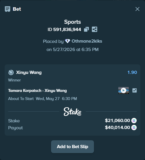 Bet slip: Tamara Korpatsch - Xinyu Wang, $18,443.95 stake at 1.90 odds, placed by Othmane2kiks