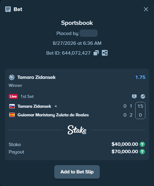 Bet slip: Tamara Zidansek - Guiomar Maristany Zuleta de Reales, $40,000.00 stake at 1.75 odds, placed by ayoflasher