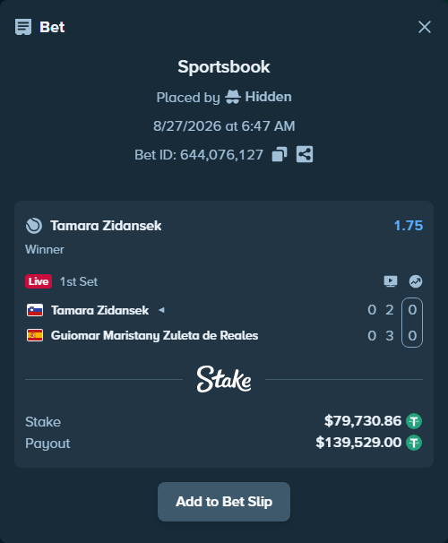 Bet slip: Tamara Zidansek - Guiomar Maristany Zuleta de Reales, $79,730.86 stake at 1.75 odds, placed by Hidden