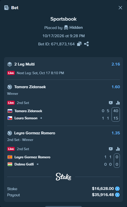 Bet slip: Tamara Zidansek - Laura Samson, $16,628.00 stake at 1.60 odds, placed by Hidden