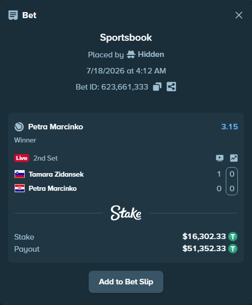 Bet slip: Tamara Zidansek - Petra Marcinko, $16,302.33 stake at 3.15 odds, placed by Hidden