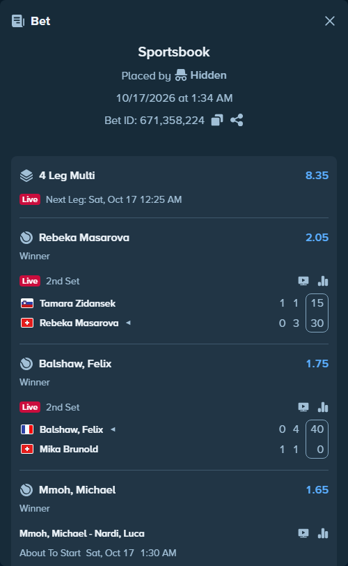 Bet slip: Tamara Zidansek - Rebeka Masarova, $10,210.00 stake at 2.05 odds, placed by Hidden