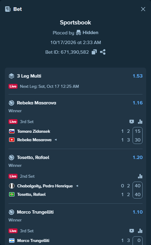 Bet slip: Tamara Zidansek - Rebeka Masarova, $19,554.00 stake at 1.16 odds, placed by Hidden