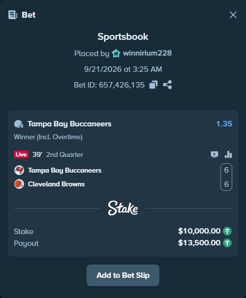 Bet slip: Tampa Bay Buccaneers - Cleveland Browns, $10,000.00 stake at 1.35 odds, placed by winnirium228