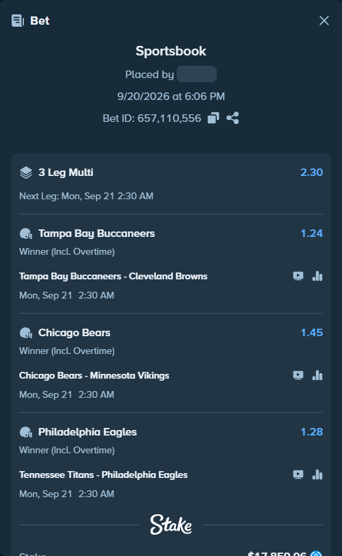Bet slip: Tampa Bay Buccaneers - Cleveland Browns, $17,859.06 stake at 1.24 odds, placed by Bigfoltz