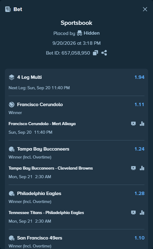 Bet slip: Tampa Bay Buccaneers - Cleveland Browns, $42,417.64 stake at 1.24 odds, placed by Hidden