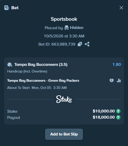 Bet slip: Tampa Bay Buccaneers - Green Bay Packers, $10,000.00 stake at 1.80 odds, placed by jarosbet