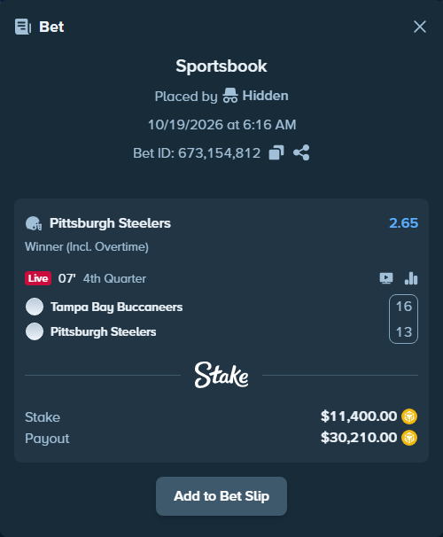 Bet slip: Tampa Bay Buccaneers - Pittsburgh Steelers, $11,351.25 stake at 2.65 odds, placed by babychh