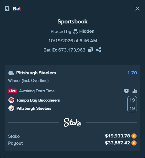 Bet slip: Tampa Bay Buccaneers - Pittsburgh Steelers, $19,980.31 stake at 1.70 odds, placed by Hidden