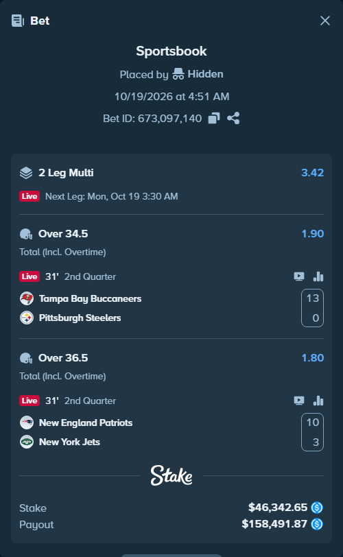 Bet slip: Tampa Bay Buccaneers - Pittsburgh Steelers, $46,342.65 stake at 1.90 odds, placed by Hidden