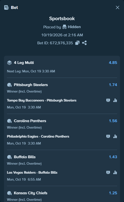 Bet slip: Tampa Bay Buccaneers - Pittsburgh Steelers, $50,050.00 stake at 1.74 odds, placed by Hidden