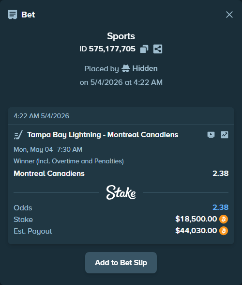Bet slip: Tampa Bay Lightning - Montreal Canadiens, $15,114.95 stake at 2.38 odds, placed by Hidden