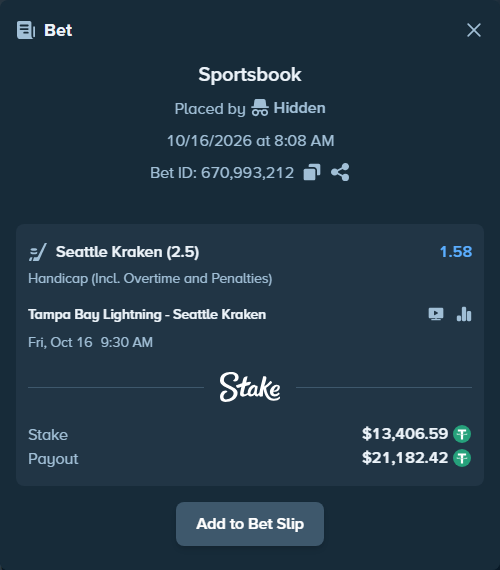 Bet slip: Tampa Bay Lightning - Seattle Kraken, $13,420.00 stake at 1.58 odds, placed by unhingedking