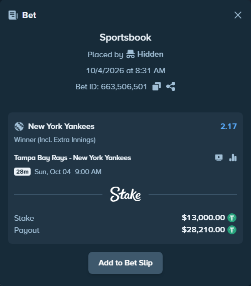Bet slip: Tampa Bay Rays - AL 4/5, $13,000.00 stake at 2.17 odds, placed by oscardv1981