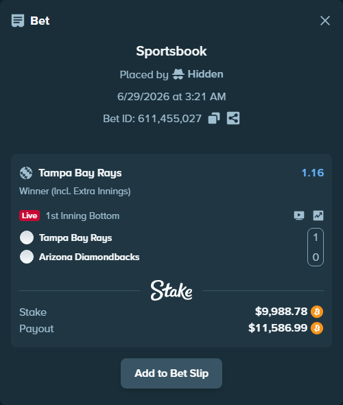 Bet slip: Tampa Bay Rays - Arizona Diamondbacks, $10,508.10 stake at 1.16 odds, placed by Hidden