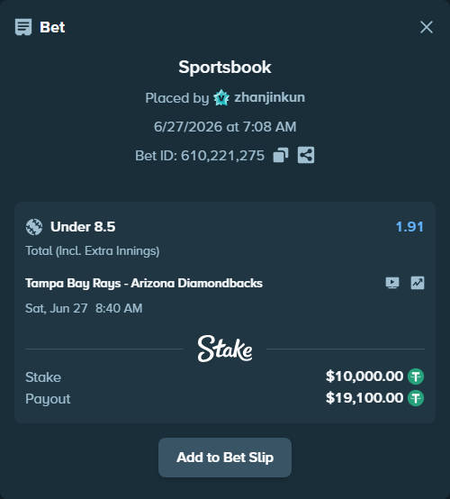 Bet slip: Tampa Bay Rays - Arizona Diamondbacks, $10,010.00 stake at 1.91 odds, placed by zhanjinkun