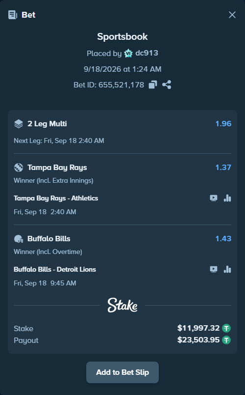 Bet slip: Tampa Bay Rays - Athletics, $12,009.32 stake at 1.37 odds, placed by dc913