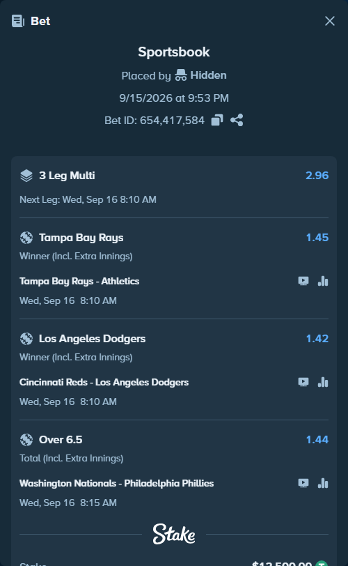 Bet slip: Tampa Bay Rays - Athletics, $12,500.00 stake at 1.45 odds, placed by Hidden