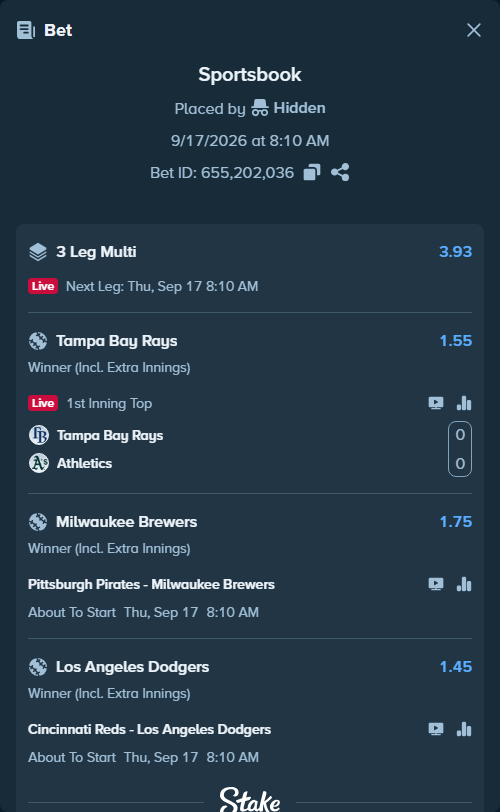 Bet slip: Tampa Bay Rays - Athletics, $16,113.00 stake at 1.55 odds, placed by Hidden