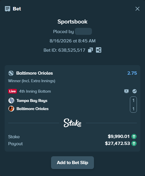 Bet slip: Tampa Bay Rays - Baltimore Orioles, $10,000.00 stake at 2.75 odds, placed by Rosaura27