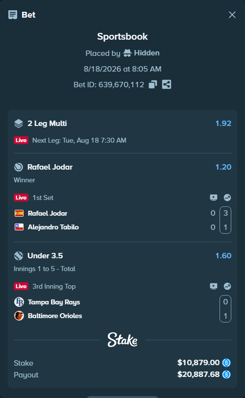 Bet slip: Tampa Bay Rays - Baltimore Orioles, $10,879.00 stake at 1.60 odds, placed by Hidden