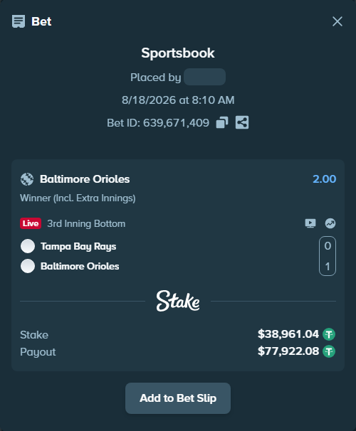 Bet slip: Tampa Bay Rays - Baltimore Orioles, $39,000.00 stake at 2.00 odds, placed by piropiro12