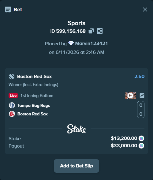 Bet slip: Tampa Bay Rays - Boston Red Sox, $14,942.16 stake at 2.50 odds, placed by Marvin123421