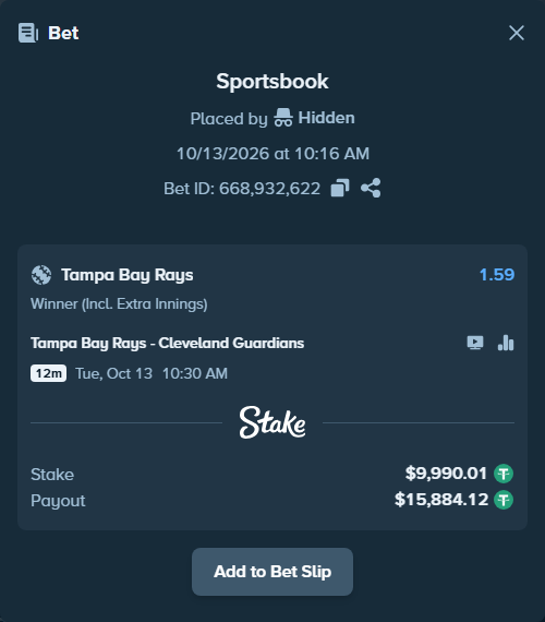 Bet slip: Tampa Bay Rays - Cleveland Guardians, $10,000.00 stake at 1.59 odds, placed by luckysevenfr