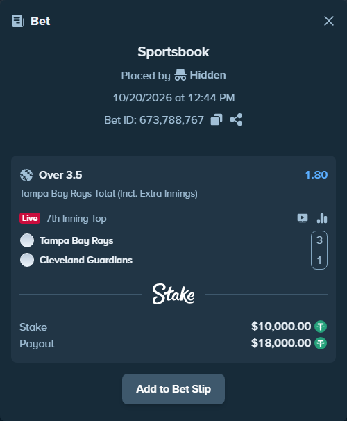 Bet slip: Tampa Bay Rays - Cleveland Guardians, $10,010.00 stake at 1.80 odds, placed by Hidden