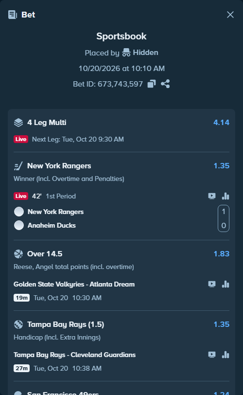 Bet slip: Tampa Bay Rays - Cleveland Guardians, $11,176.10 stake at 1.35 odds, placed by Hidden