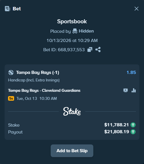 Bet slip: Tampa Bay Rays - Cleveland Guardians, $11,800.00 stake at 1.85 odds, placed by Albertosf90