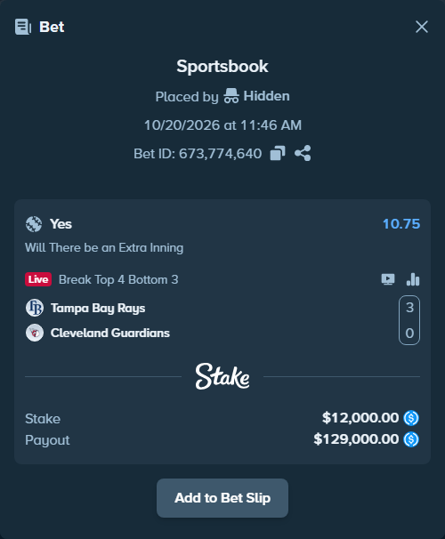 Bet slip: Tampa Bay Rays - Cleveland Guardians, $12,000.00 stake at 10.75 odds, placed by Hidden