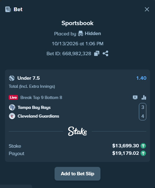 Bet slip: Tampa Bay Rays - Cleveland Guardians, $13,713.00 stake at 1.40 odds, placed by Chitico19