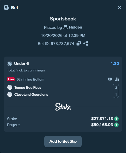 Bet slip: Tampa Bay Rays - Cleveland Guardians, $27,899.00 stake at 1.80 odds, placed by Reyes32