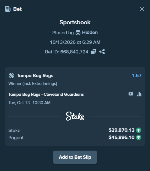 Bet slip: Tampa Bay Rays - Cleveland Guardians, $29,900.00 stake at 1.57 odds, placed by oscardv1981
