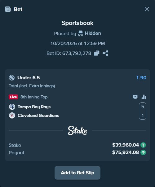 Bet slip: Tampa Bay Rays - Cleveland Guardians, $40,000.00 stake at 1.90 odds, placed by Reyes32