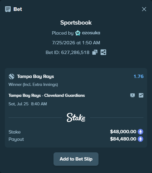 Bet slip: Tampa Bay Rays - Cleveland Guardians, $48,983.79 stake at 1.76 odds, placed by azosuka