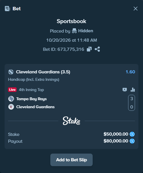 Bet slip: Tampa Bay Rays - Cleveland Guardians, $50,000.00 stake at 1.60 odds, placed by Hidden