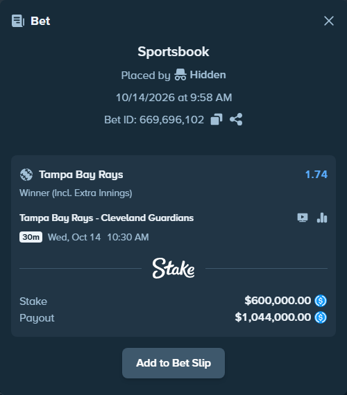 Bet slip: Tampa Bay Rays - Cleveland Guardians, $600,000.00 stake at 1.74 odds, placed by Hidden