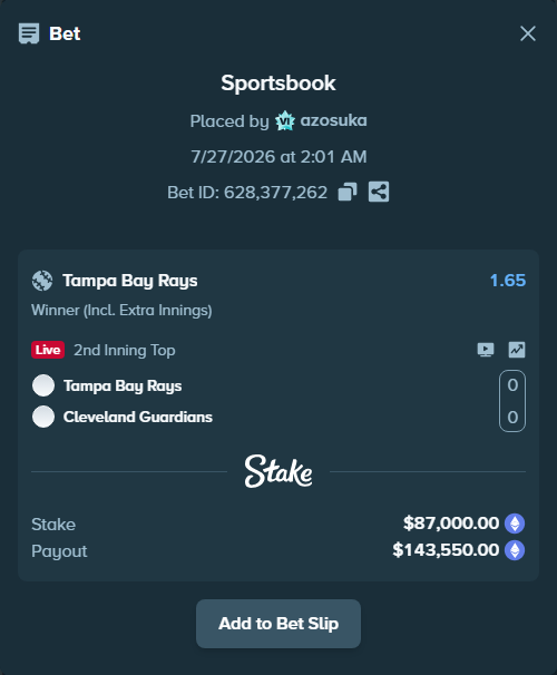 Bet slip: Tampa Bay Rays - Cleveland Guardians, $86,532.10 stake at 1.65 odds, placed by azosuka