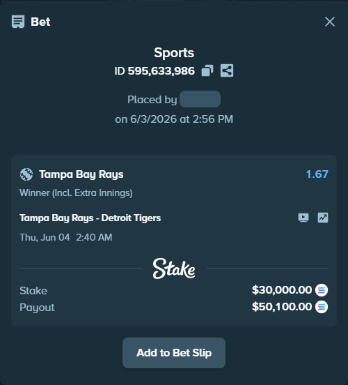 Bet slip: Tampa Bay Rays - Detroit Tigers, $29,510.82 stake at 1.67 odds, placed by abiltiuszn