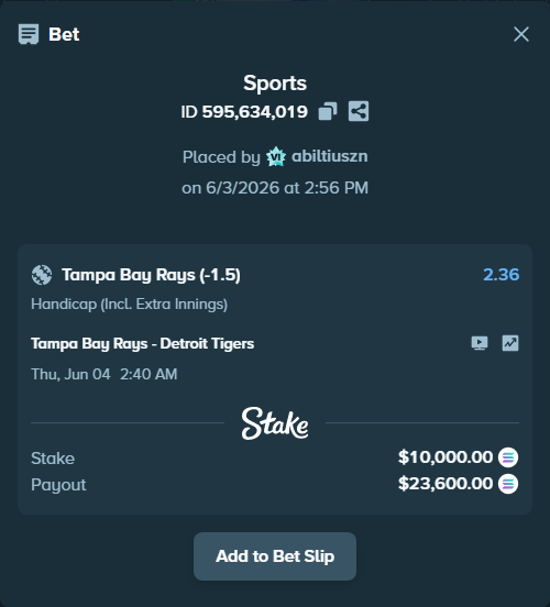 Bet slip: Tampa Bay Rays - Detroit Tigers, $9,836.94 stake at 2.36 odds, placed by abiltiuszn