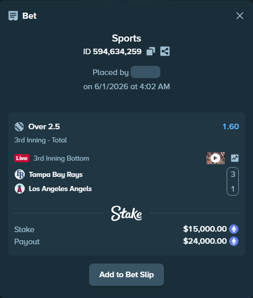 Bet slip: Tampa Bay Rays - Los Angeles Angels, $13,007.40 stake at 1.60 odds, placed by azosuka