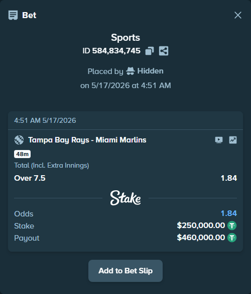 Bet slip: Tampa Bay Rays - Miami Marlins, $250,000.00 stake at 1.84 odds, placed by Hidden