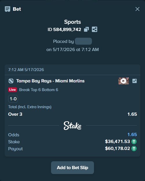 Bet slip: Tampa Bay Rays - Miami Marlins, $36,508.00 stake at 1.65 odds, placed by dendobry