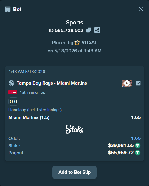 Bet slip: Tampa Bay Rays - Miami Marlins, $39,981.65 stake at 1.65 odds, placed by VITSAT
