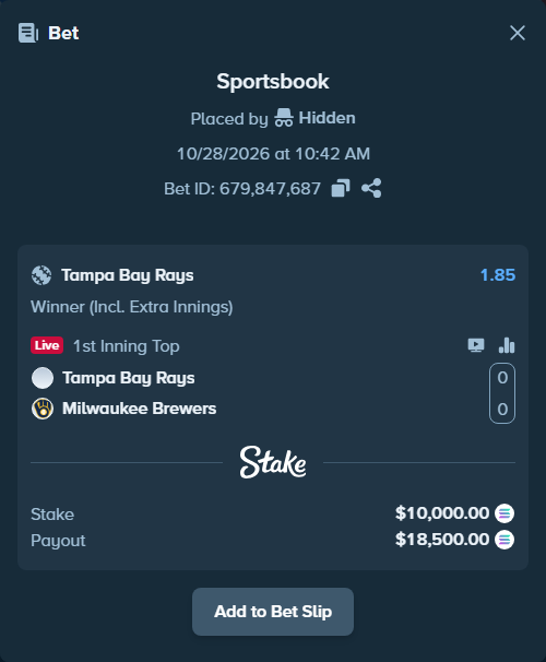 Bet slip: Tampa Bay Rays - Milwaukee Brewers, $9,992.88 stake at 1.85 odds, placed by abiltiuszn